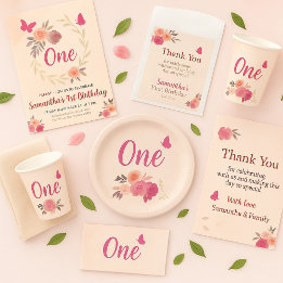 Elegant Blush Pink Watercolor Floral 1st Birthday Kaart