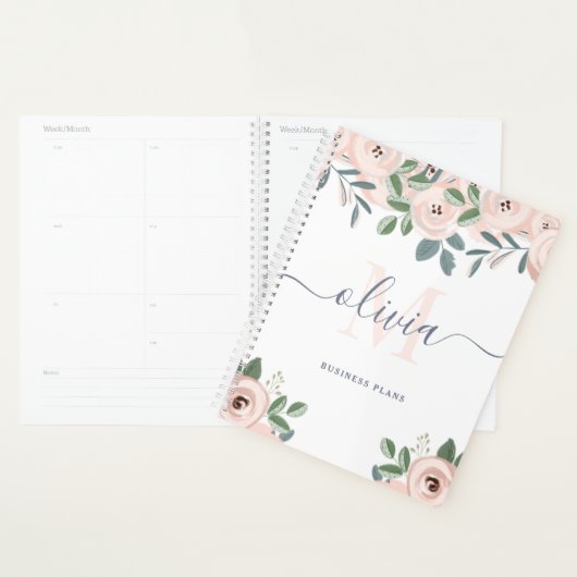 Elegant Blush Pink Waterverf Flowers | Monogram Planner (Display)