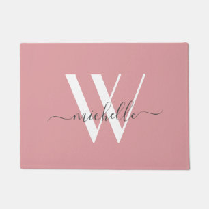 Elegant Blush Pink White Monogram Name Script Deurmat