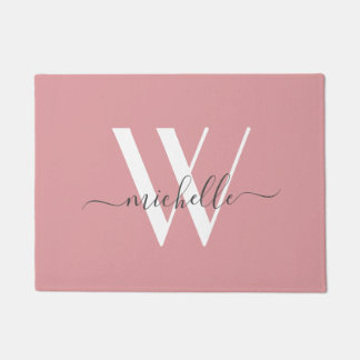 Elegant Blush Pink White Monogram Name Script Deurmat