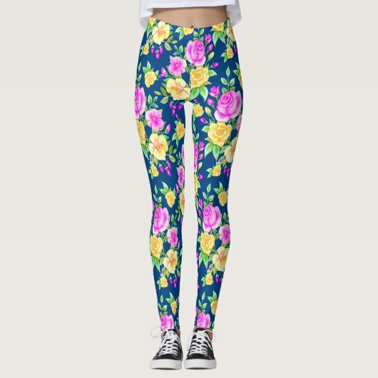 Elegant Blush Pink Yellow Rose Floral Pattern Leggings (Voorkant)