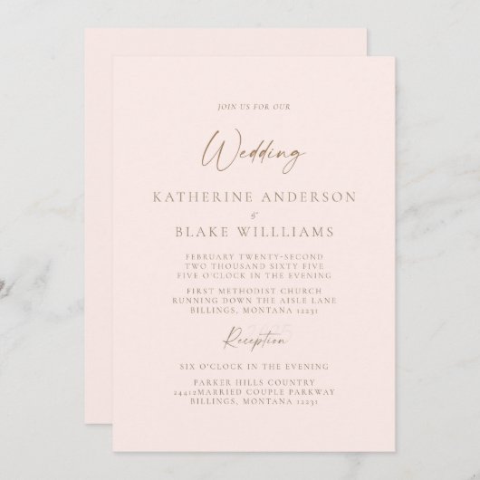 Elegant Blush Plechtige bruiloft Kaart (Voorkant / Achterkant)