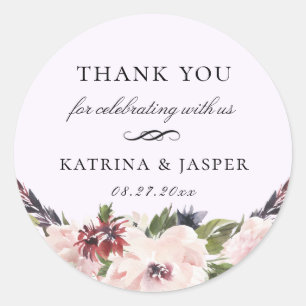 Elegant Blush Plum Floral Wedding Favor Ronde Sticker