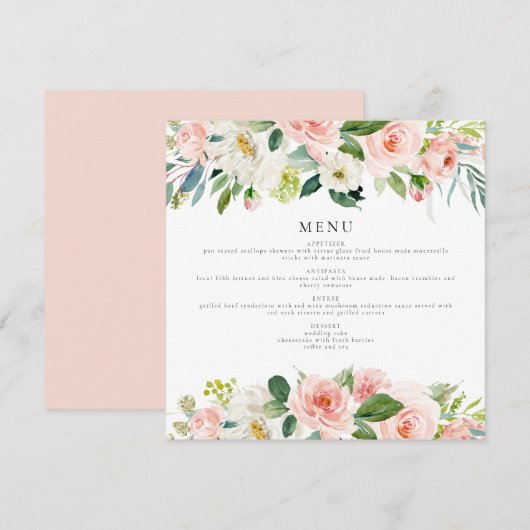 Elégant Blush Rose Floral Carré Diner Carte Menu (Devant / Derrière)