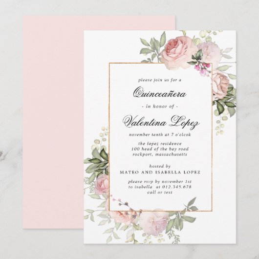 Elégant Blush rose Floral Quinceanera Invitation (Devant / Derrière)