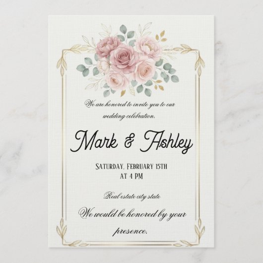 Elegant Blush Rose & Gold Frame Wedding Invitation (Devant)