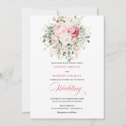 Elegant Blush Rose Gold Glitter Wedding Invitation Kaart (Voorkant)