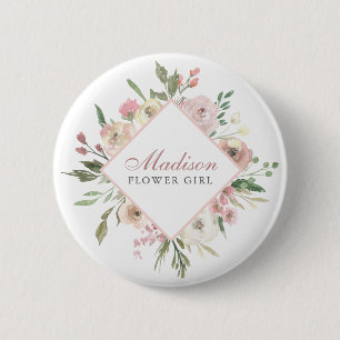 Elegant Blush Roze Bloemen Bloemenmeisje Naam Tag Ronde Button 5,7 Cm