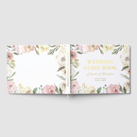Elegant Blush Roze Bloemen Custom Gouden Folie Bru Gastenboek (Volledig)