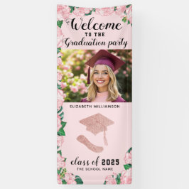 Elegant Blush Roze Bloemen Foto Welkom Afstuderen Spandoek