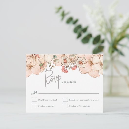 Elegant Blush Roze Bloemen Grijs Script Bruiloft R Briefkaart (Staand voorkant)