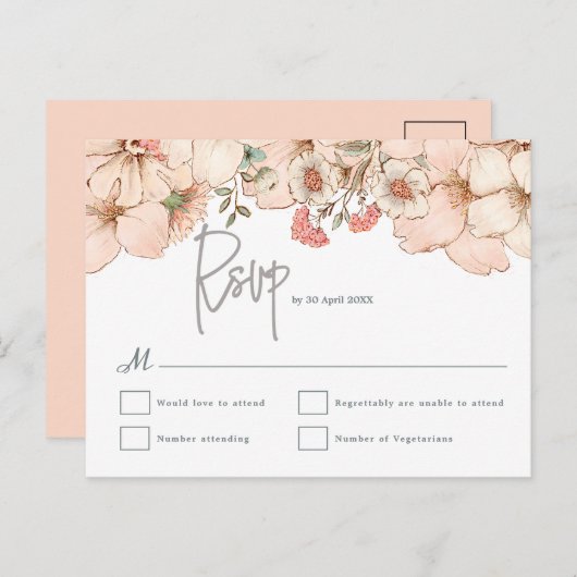 Elegant Blush Roze Bloemen Grijs Script Bruiloft R Briefkaart (Voorkant / Achterkant)