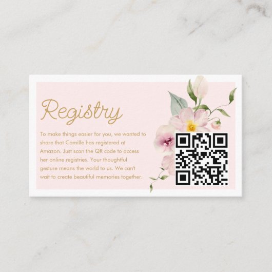 Elegant Blush Roze Bloemen Register QR Code Kaart (Voorkant)