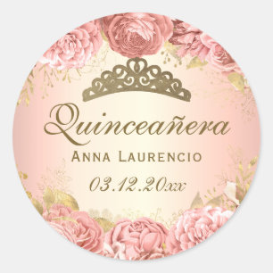 Elegant Blush Roze Bloemen Rozen Quinceanera Ronde Sticker