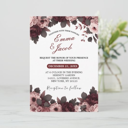 Elegant Blush Roze Bourgogne Roos Boho Bruiloft Kaart (Staand voorkant)