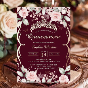Elegant Blush Roze Bourgogne Roos Goud Quinceanera Folie Uitnodiging