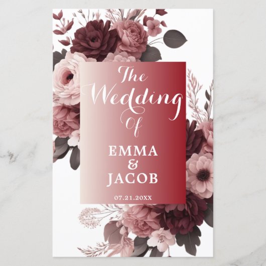 Elegant Blush Roze Bourgondië Floral bruiloft prog (Voorkant)