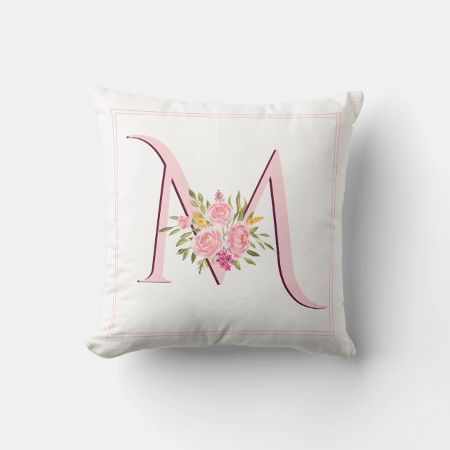 Elegant blush roze monogram en rozen floral kussen (Voorkant)