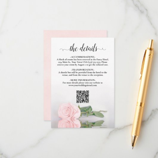 Elegant Blush Roze Rose Bruiloft Details QR Code Informatiekaartje (Voorkant / Achterkant in situ)