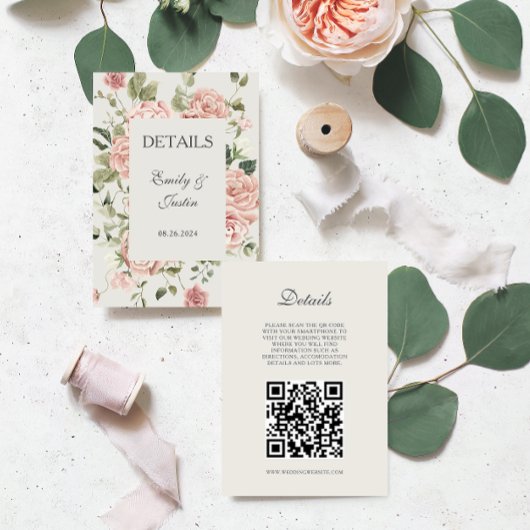 Elegant Blush Roze Rose Bruiloft QR-code Details Informatiekaartje