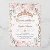 Elegant Blush Roze Rose Goud Quinceanera Folie Uitnodiging (Voorkant)