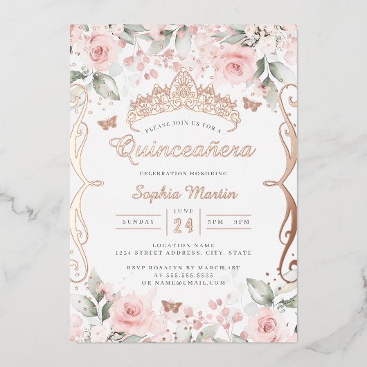 Elegant Blush Roze Rose Goud Quinceanera Folie Uitnodiging (Voorkant)