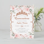 Elegant Blush Roze Rose Goud Quinceanera Folie Uitnodiging (Staand Voorkant)