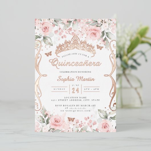 Elegant Blush Roze Rose Goud Quinceanera Folie Uitnodiging (Staand Voorkant)