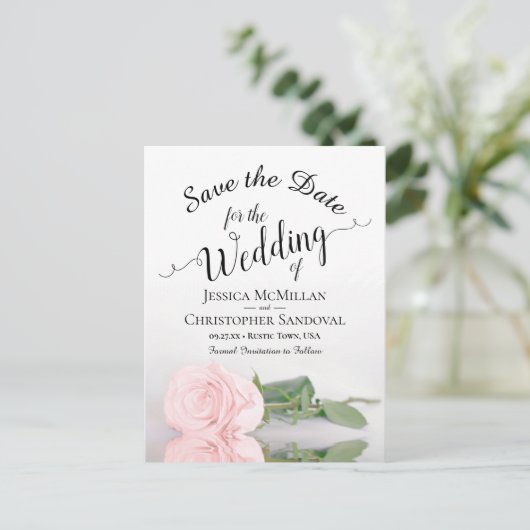 Elegant Blush Roze Ruwen Weddenschap Bewaar datum Aankondigingskaart (Staand voorkant)