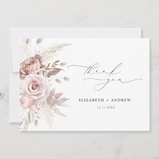 Elegant Blush Roze Stoffig Roos Bloemenbruiloft Bedankkaart (Voorkant)