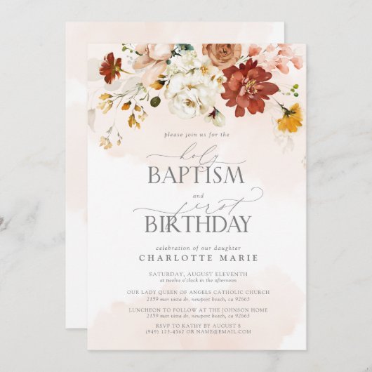 Elegant Blush Roze Waterverf Doop 1e Verjaardag Kaart (Voorkant / Achterkant)