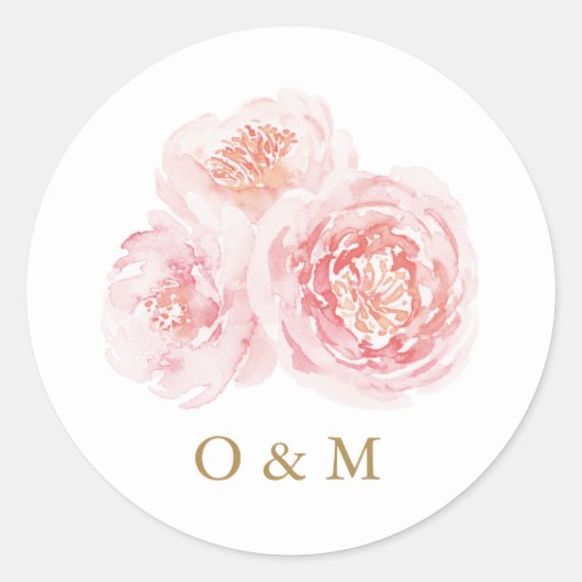 Elegant blush roze waterverf florale bruiloft ronde sticker (Voorkant)