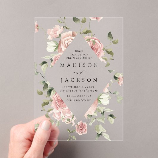 Elegant Blush Rozen en Greenery Wedding Acryl Uitnodigingen (Insitu (Draagbaar))