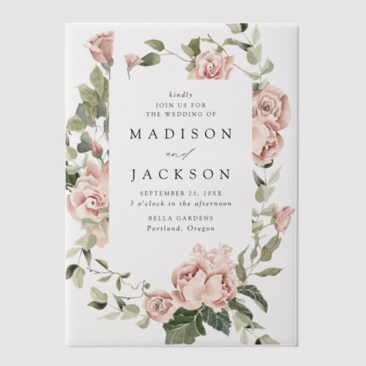 Elegant Blush Rozen en Greenery Wedding Vellum Uitnodigingen (Voorkant)