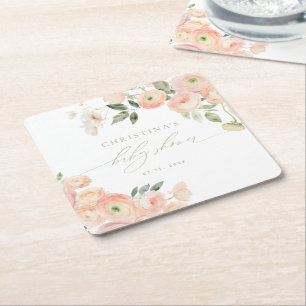 Elegant Blush & Sage Groen Baby shower Vierkante Kartonnen Onderzetter