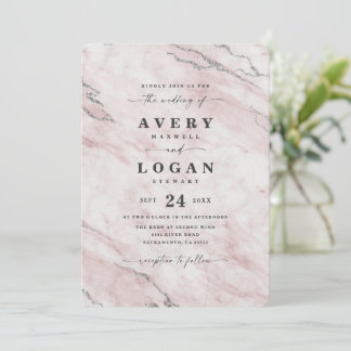 Elegant Blush & Silver Metallic Marble Wedding Kaart