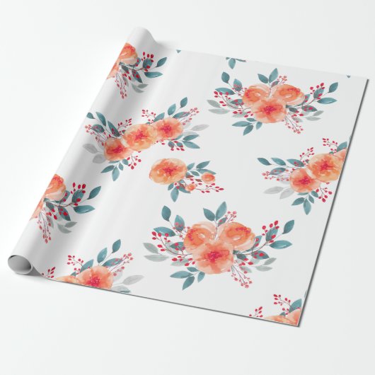 Elegant Blush Sinaasappel Bloemen Waterverf Cadeaupapier (Uitgerold)