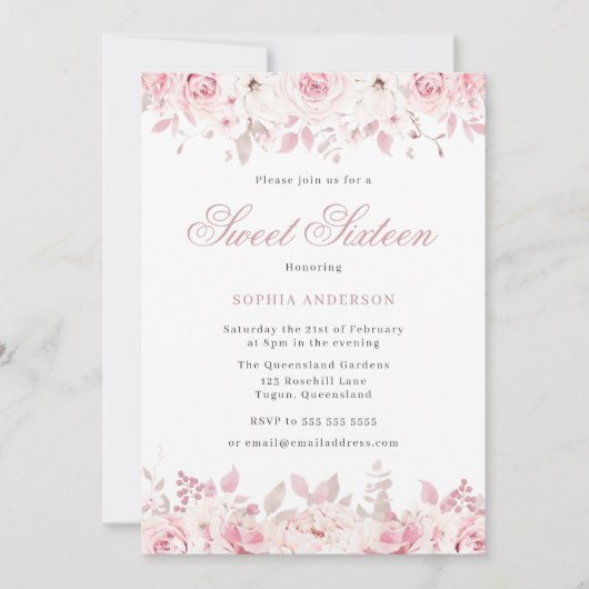 Elegant Blush Waterverf Floral Rozen Sweet 16 Kaart (Voorkant)
