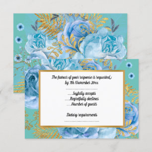 ELEGANT BLUWE BLOEMEN AQUA GOUD ELKE GELEGENHEID R RSVP KAARTJE