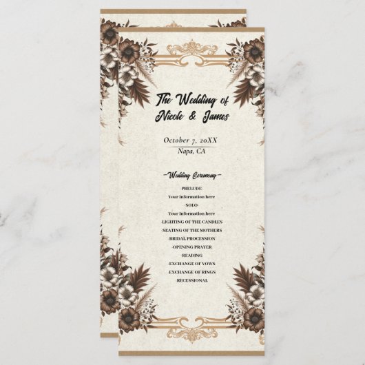 Elegant  Boheems Bloemen Bruiloft Programma (Voorkant / Achterkant)