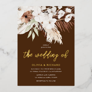 Elegant Bohemian White Floral Gold Wedding Folie Uitnodiging