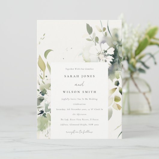 Elegant Boho Abstract Groen Wit Bloemen Bruiloft Kaart (Staand voorkant)