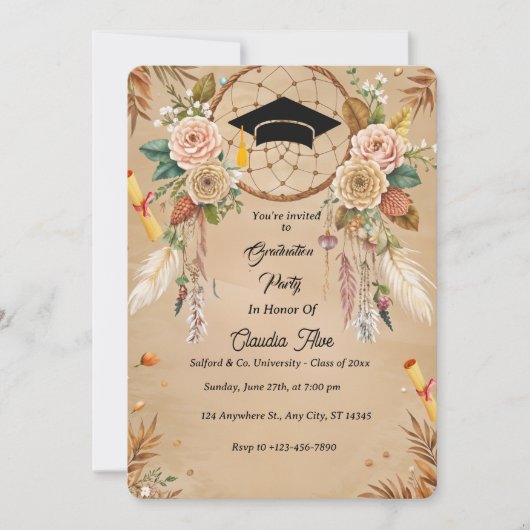 Elegant Boho Afstuderen Invitation Kaart (Voorkant)