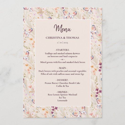 Elegant Boho Automne Fleur sauvage Menu Mariage (Devant)