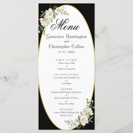 Elégant Boho Black Floral Menu Mariage (Devant)