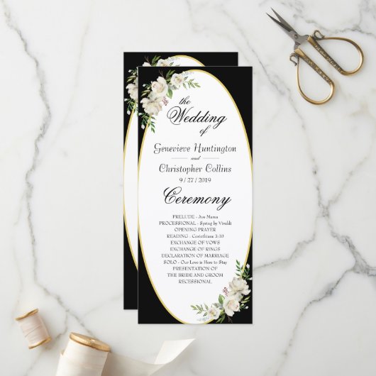 Elegant Boho Black Floral Wedding Ceremony Programma (Voorkant / Achterkant in situ)