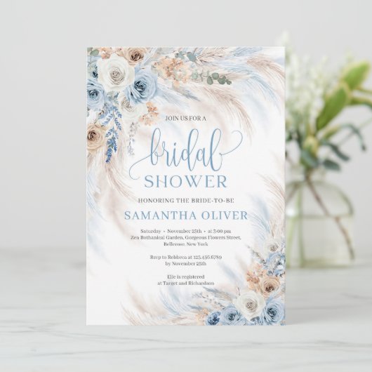 Elegant boho blauw bloemenivoor rozen pampasgras kaart (Staand voorkant)