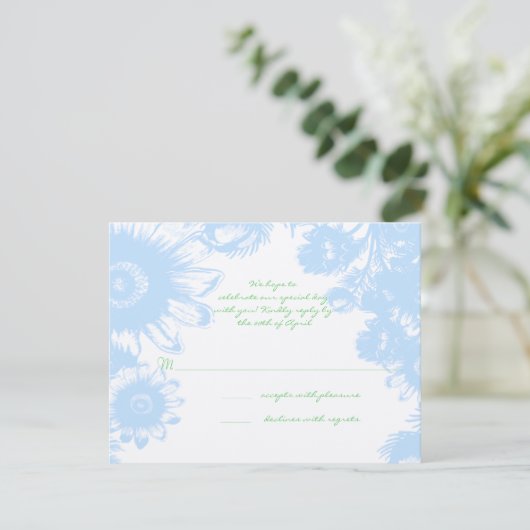 Elegant Boho Bloemen Bruiloft Pastel Blauw RSVP (Staand voorkant)