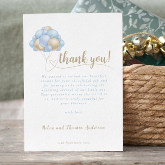 Elegant Boho Blue Balloon Baby shower Bedankkaart