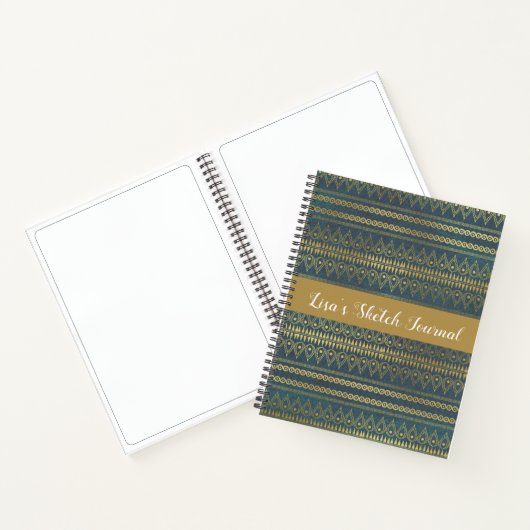 Elegant Boho Blue en Gold Stripe Sketch Notitieboek (Binnen)